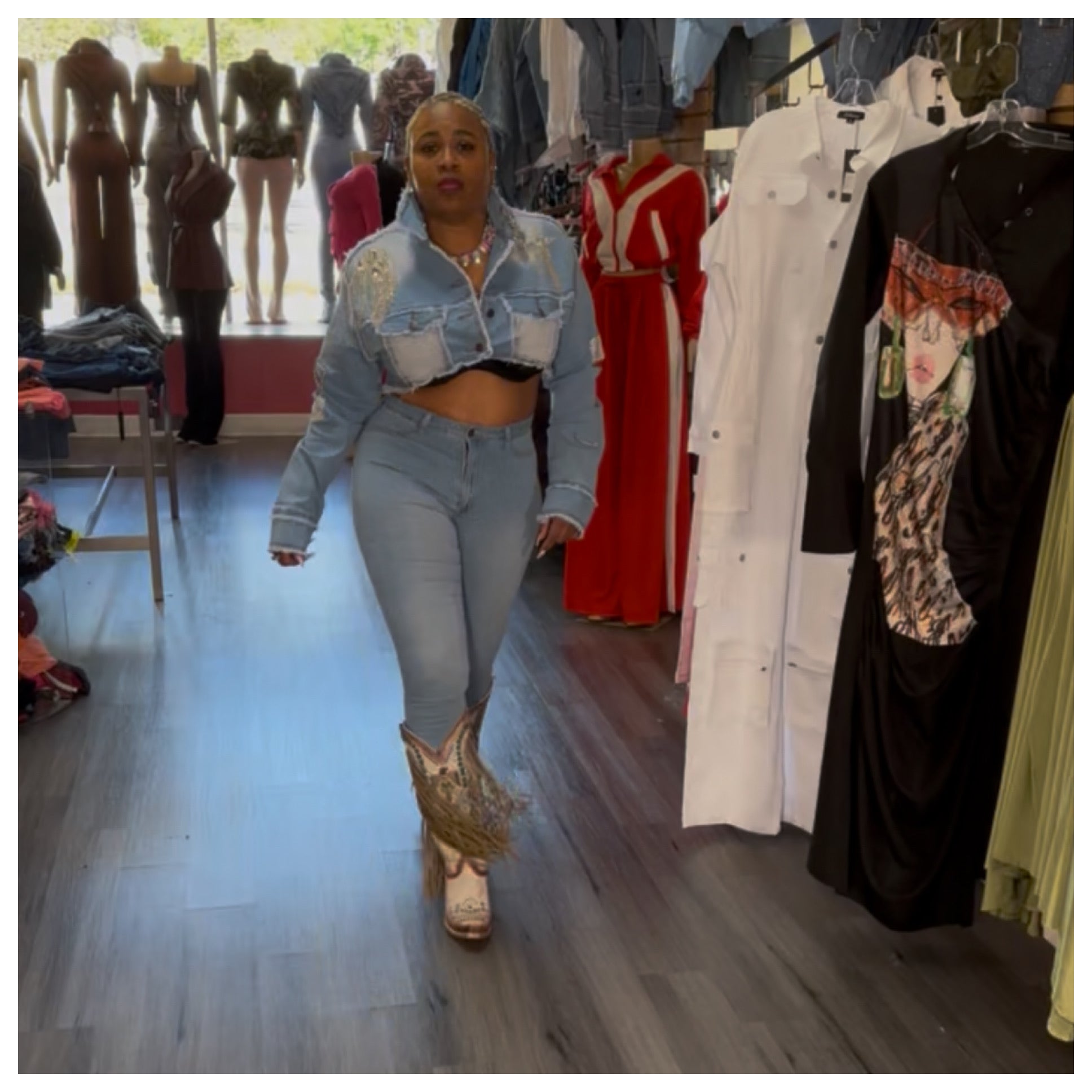 Rhinestone Cropped Denim Jacket