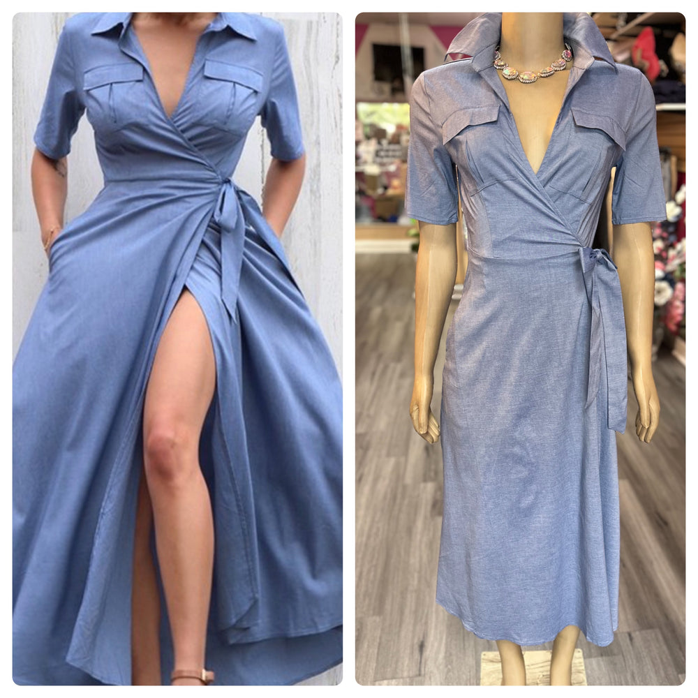 The Lady Faux Denim Wrap Dress