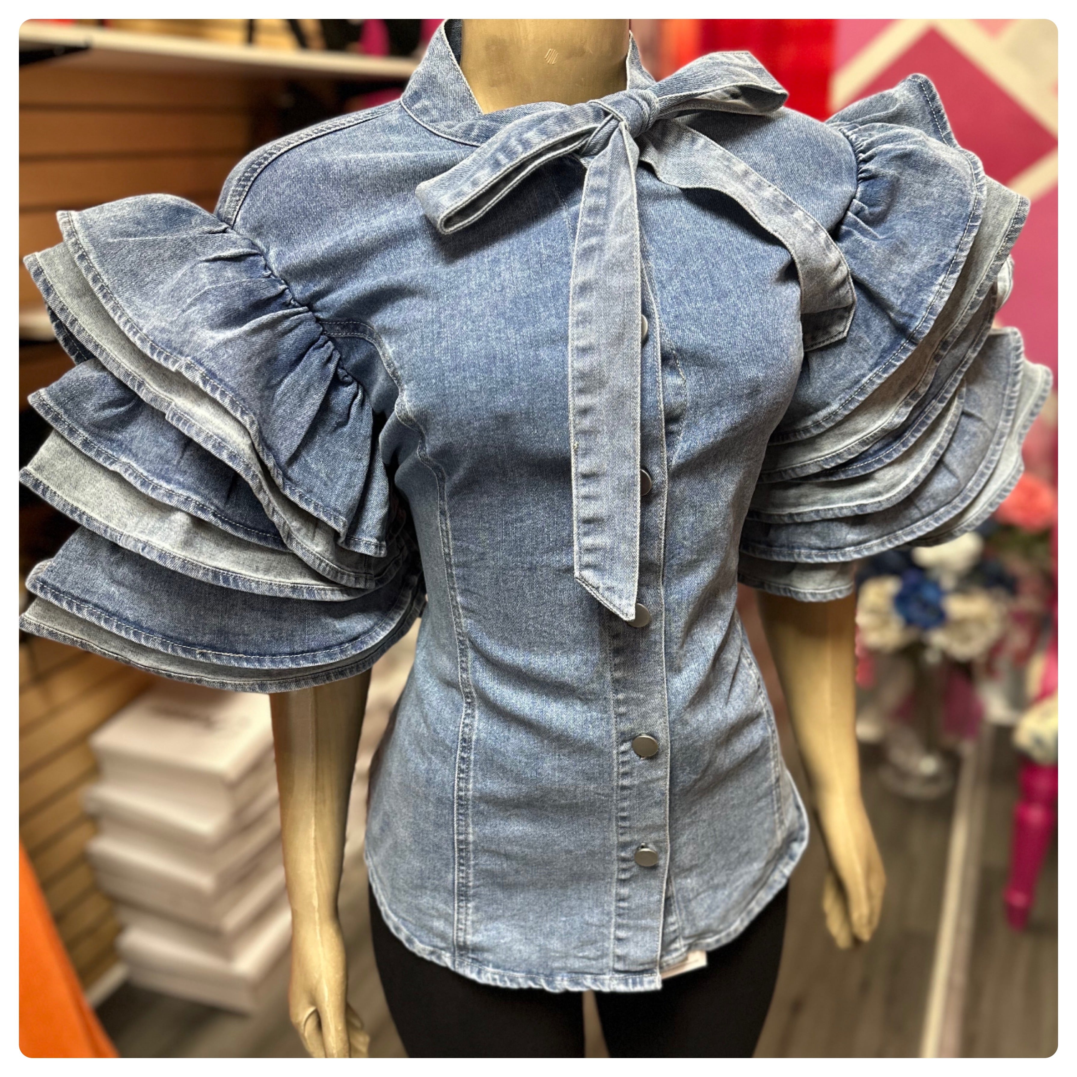 Ariel Denim Ruffle Sleeve Top