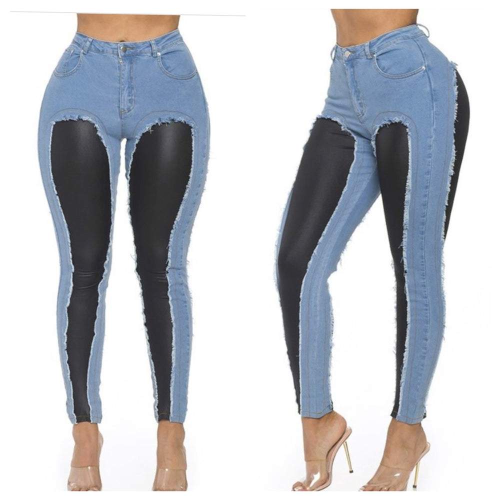 Plus Size Faux Leather & Denim Jeans