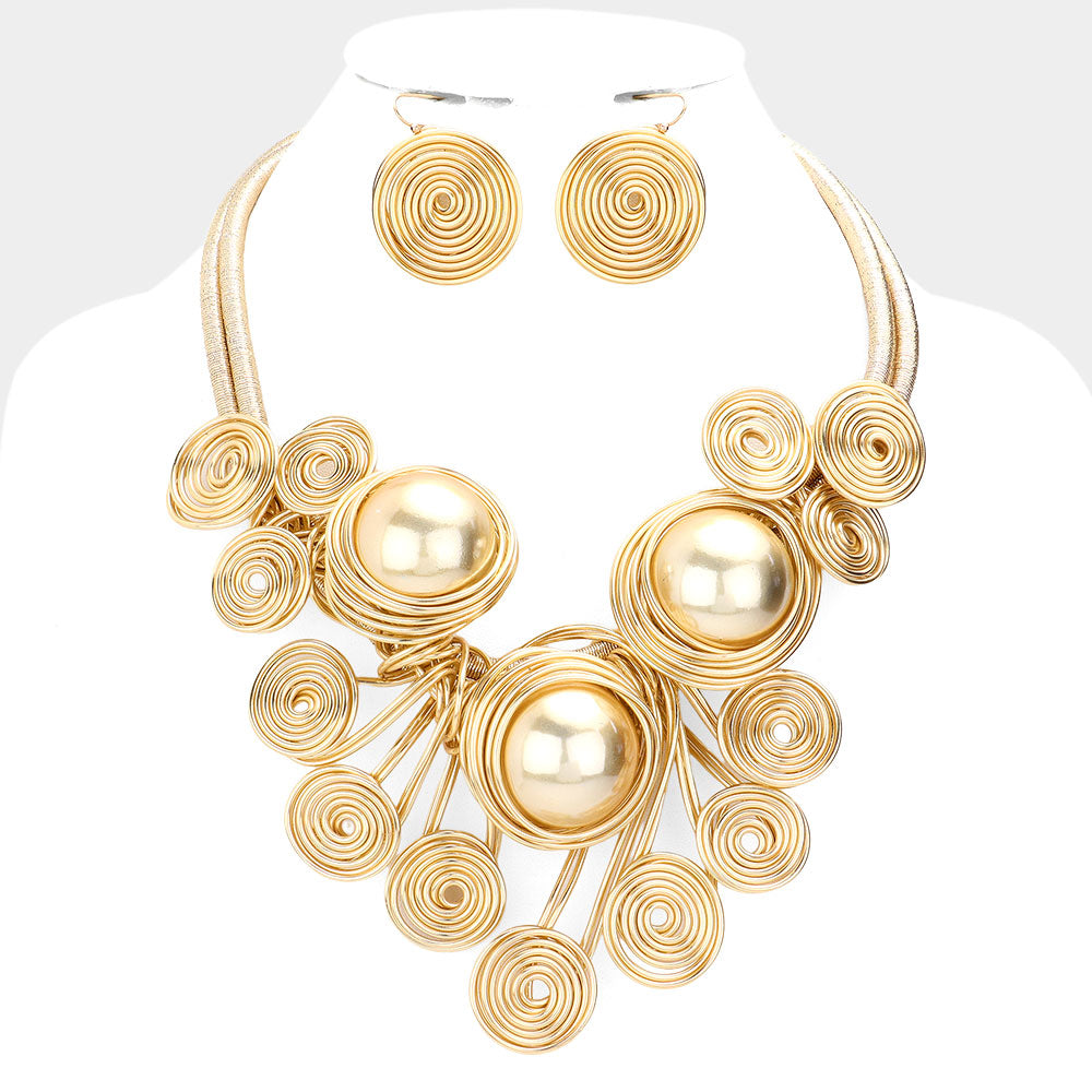 Triple Pearl Accented Swirl Metal Wire Necklace