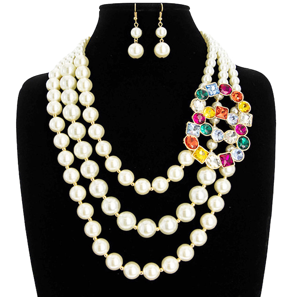 Stone Cluster Double Open Circle Accented Pearl Bib Necklace